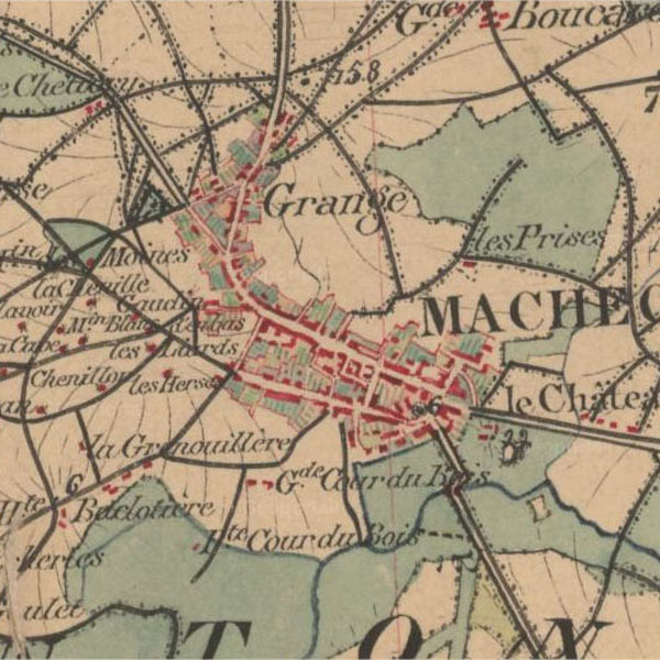 Machecoul au XIXème siècle : carte de l’état Major - dessins-minutes originaux en couleur (source : geoportail.fr)