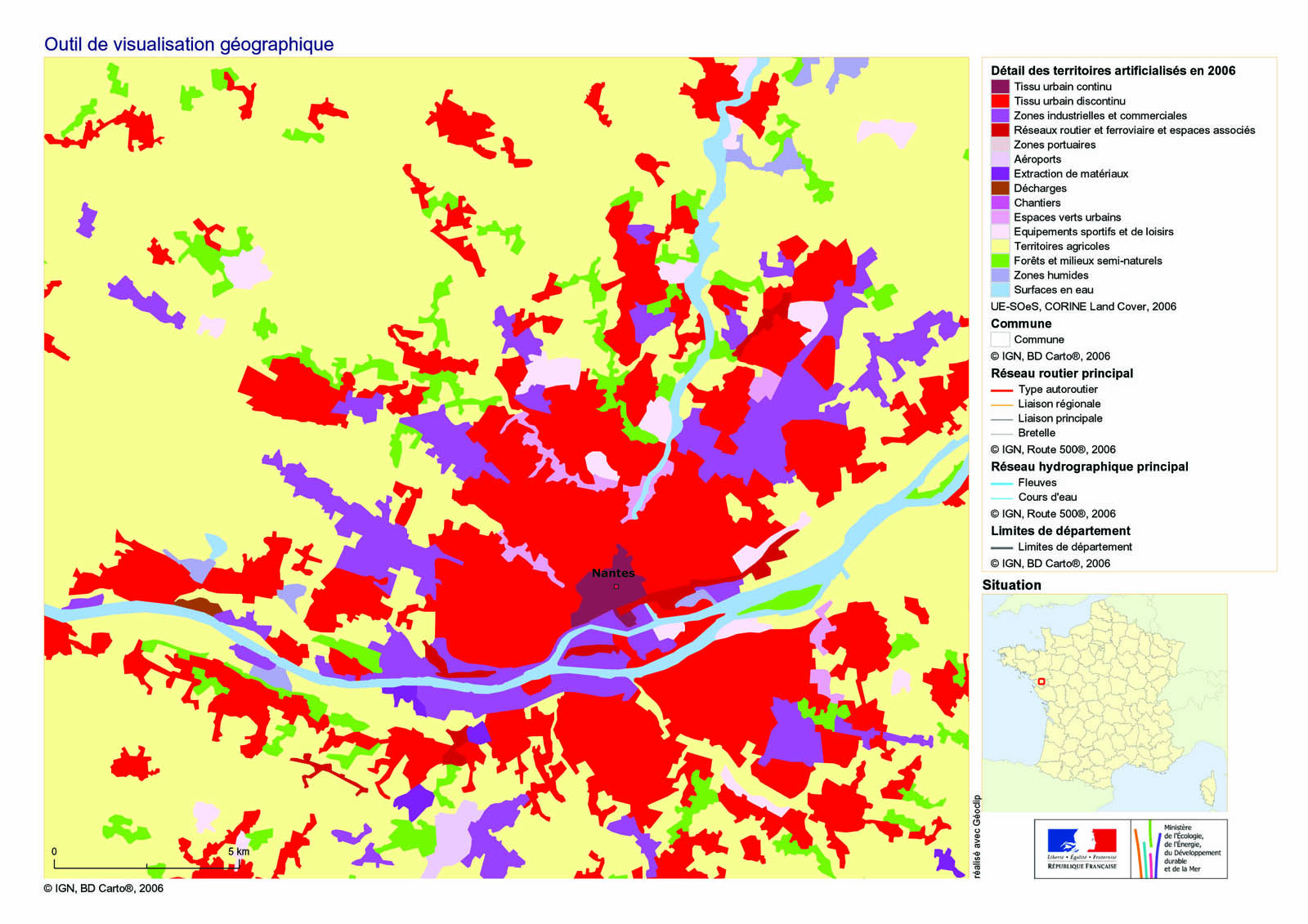 Occupation du sol de l’agglomération Nantaise – Détail des territoires artificialisés en 2006 (Source : Corine Land Cover)