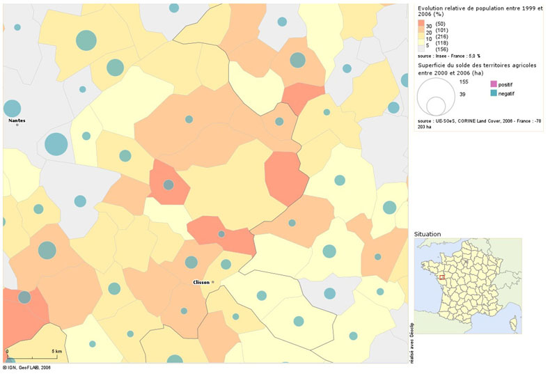 Evolution dmographique et superficie du solde de territoires agricoles entre 1999 et 2006 (source : GoClip)