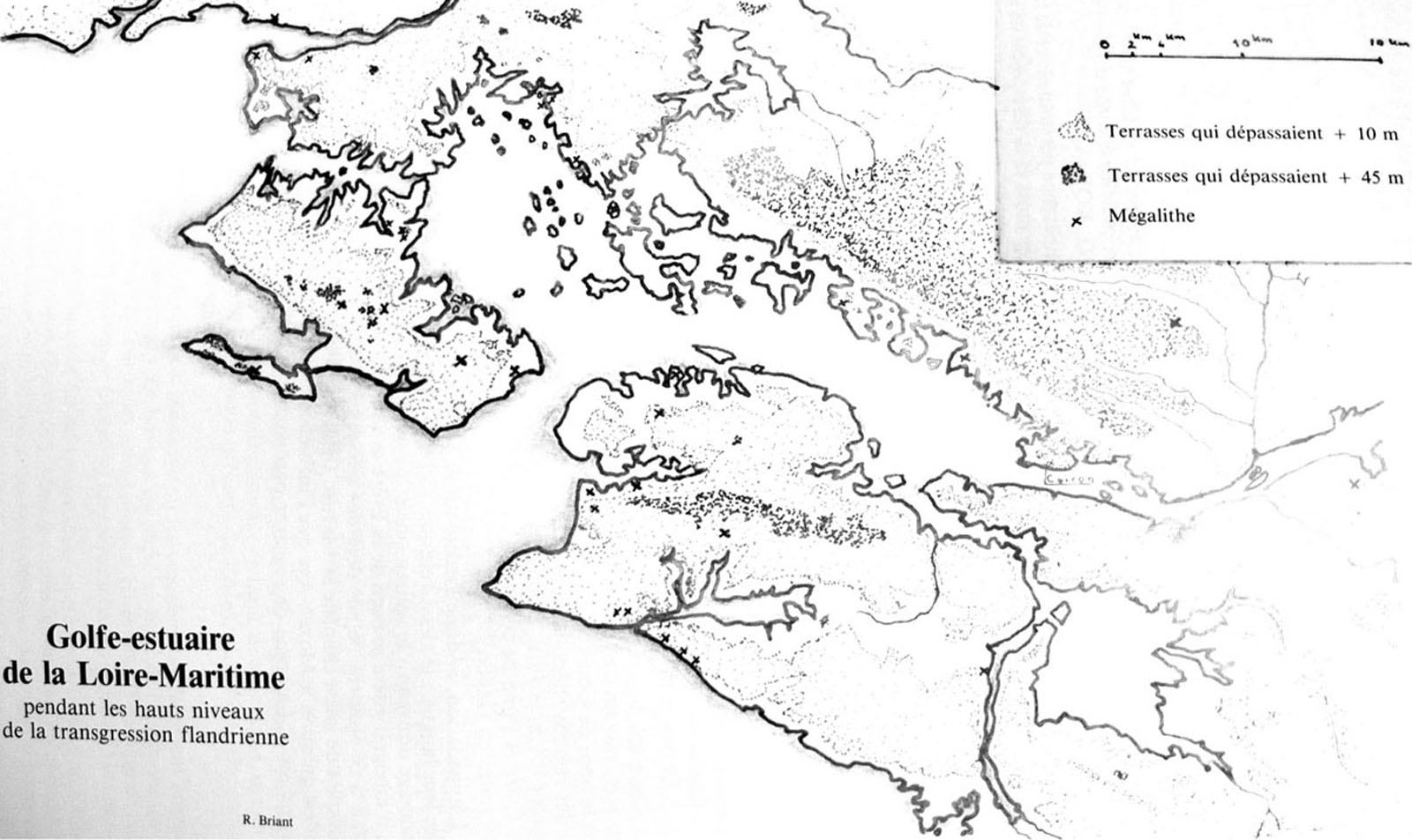 Golf Estuaire de la Loire-Maritime pendant les hauts niveaux de la transgression flandrienne (source : J. Le Ruyet, La Loire Atlantique, pays d'eau