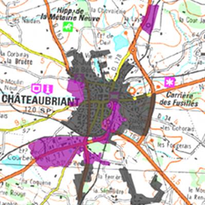 Zones d’activités de Chateaubriand repérées en violet sur la carte IGN