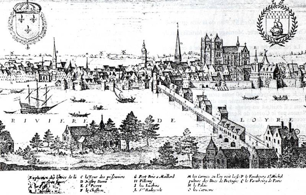 Vue de Nantes au XVIème siècle avec le pont de Pirmil (Source :   www.infobretagne.com/nantes.htm)