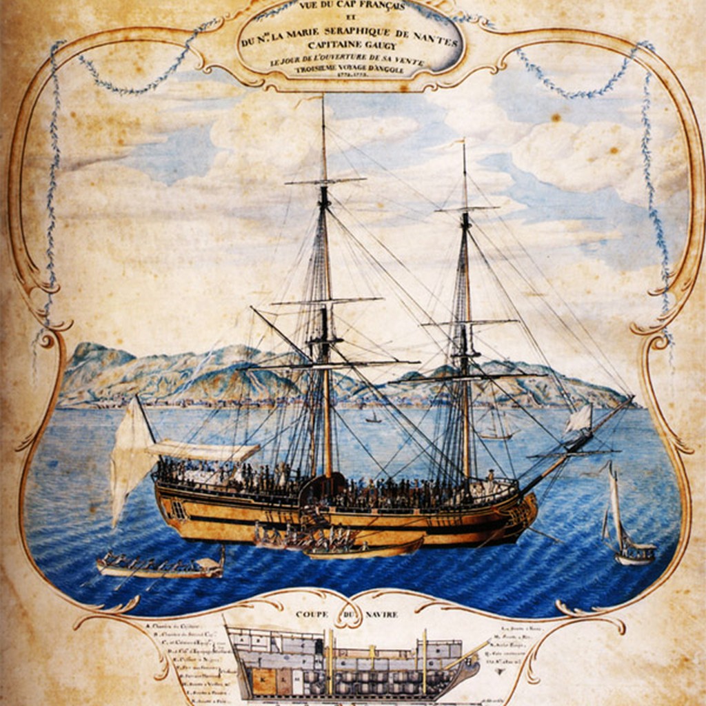 Vue du Cap Français et du navire La Marie-Seraphique bateau   négrier de Nantes – aquarelle (Source : chateau-nantes.fr) 