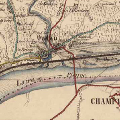 Oudon, plan de 1853 : présence viticole encore forte, développement des infrastructures qui isole le bourg de la Loire