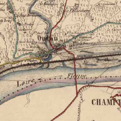 Oudon, plan de 1853 : prsence viticole encore forte, dveloppement des infrastructures qui isole le bourg de la Loire