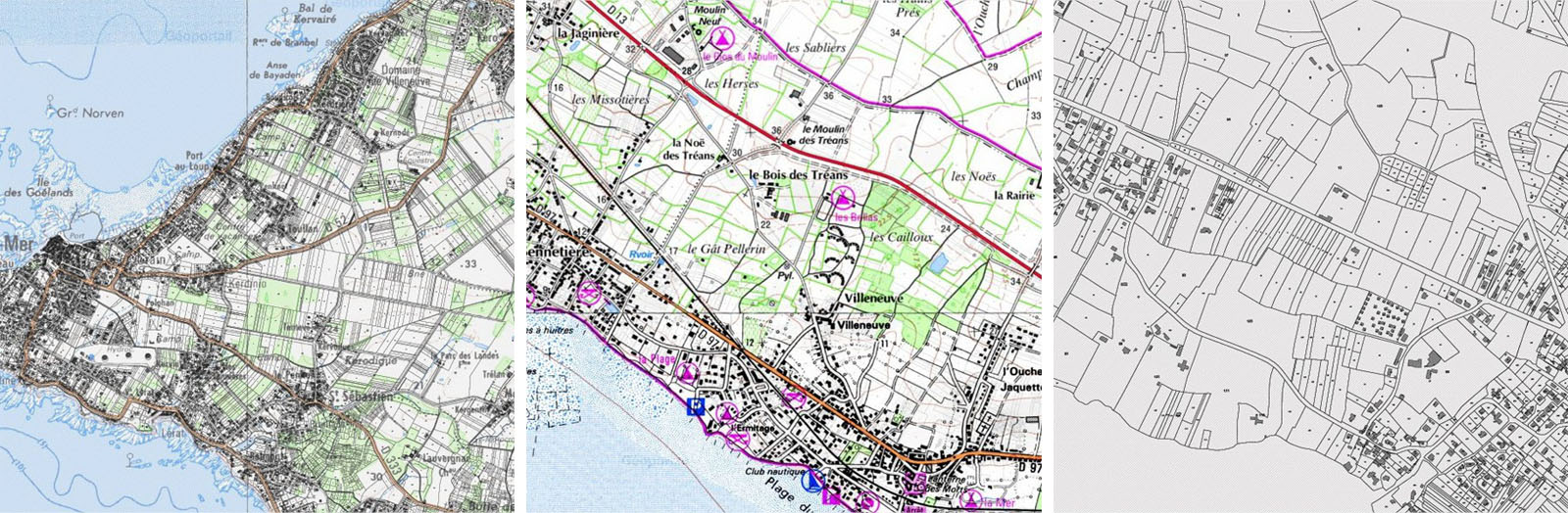 Zones de recomposition agricoles : A l'Ouest de Piriac-sur-Mer, entre Pornic et la Bernerie-en-Retz, entre la Bernerie-en-Retz et la D13 (Goportail)