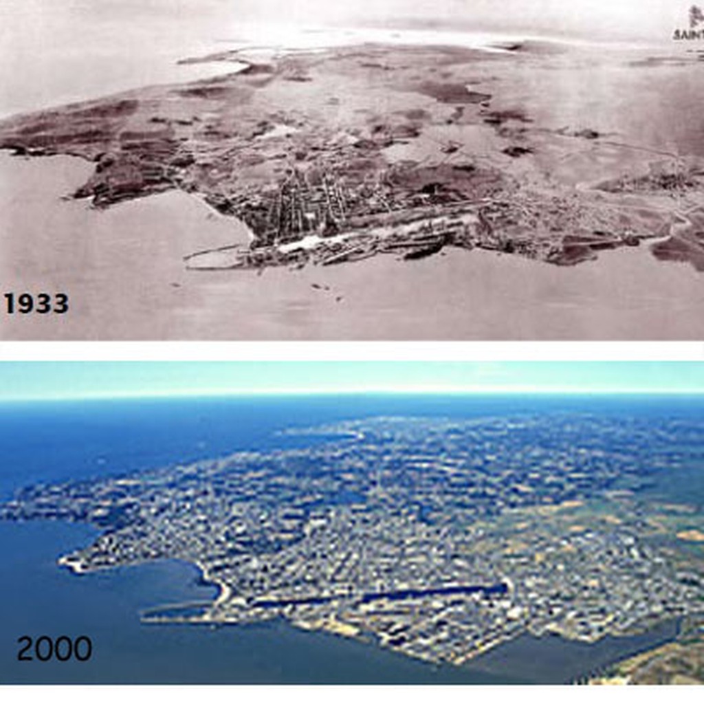 Saint-Nazaire en 1933 et 2000 (sources : PLU de Saint-Nazaire et http://www.mairie-saintnazaire.fr)