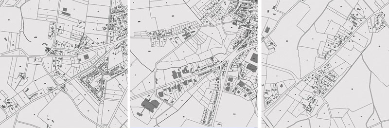 Exemples d'talement urbain en entre de ville : Saint Molf, Herbignac, Gurande (cadastre Goportail 2011)