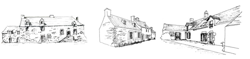 Habitat de style Breton à gauche, maisons de pécheurs à droite